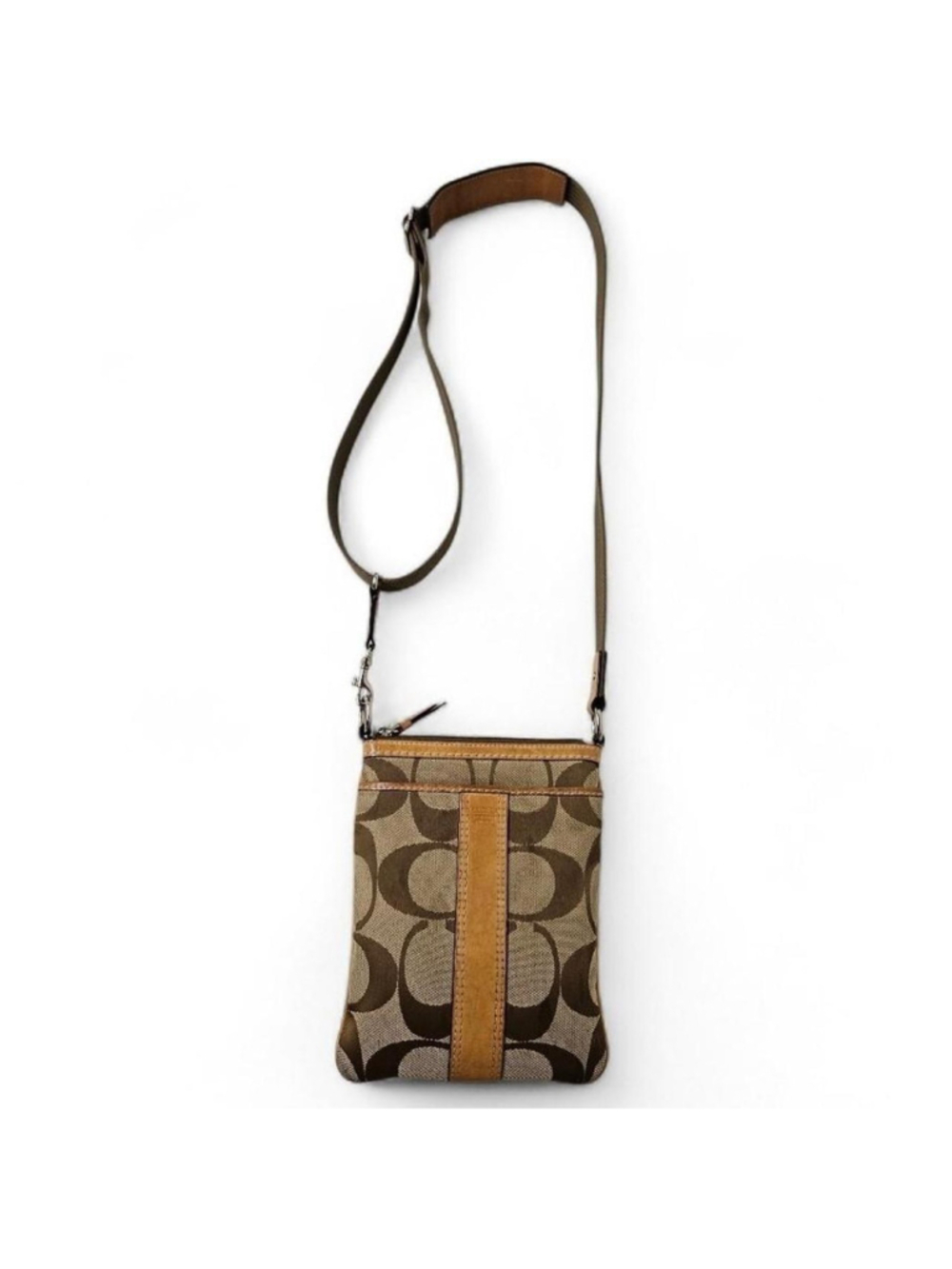 Coach Signature Jacquard and Leather Monogram Crossbody Bag in Tan and Brown